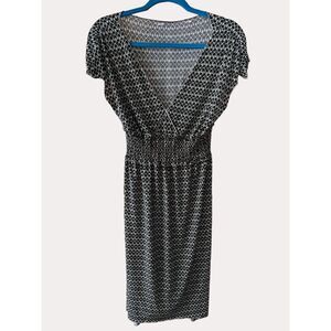 Smocked Liquid Knit Dress Geo Print Brown Turquoise S